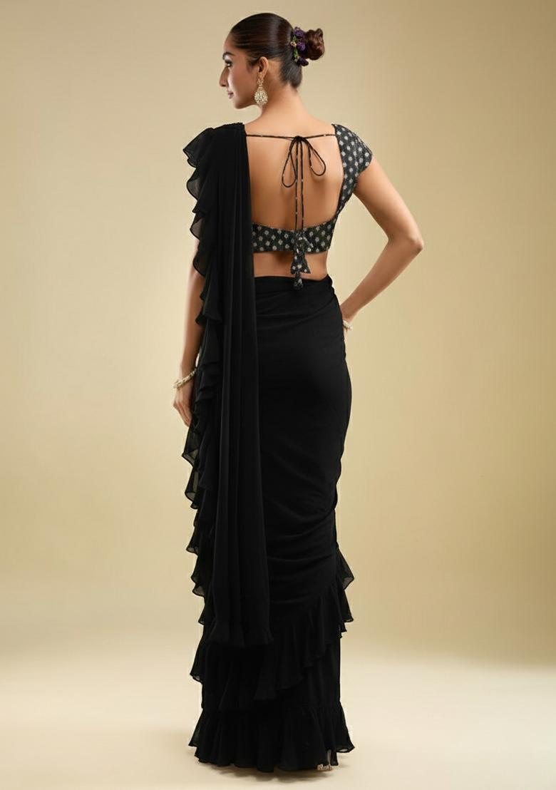 Black Silk Pre Draped Saree Set - Indya