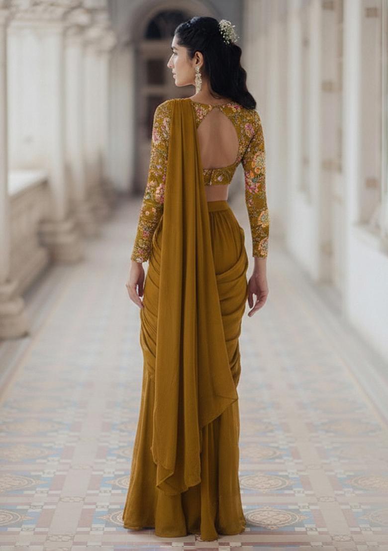 Olive Green Figure Print Crepe Pre Draped Saree Set - Indya