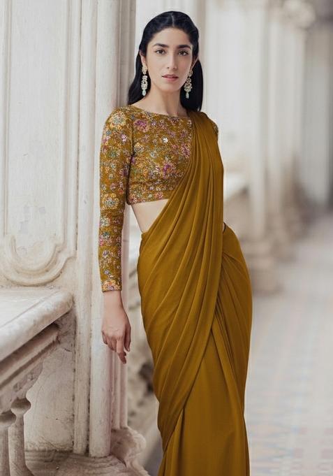 Olive Green Figure Print Crepe Pre Draped Saree Set