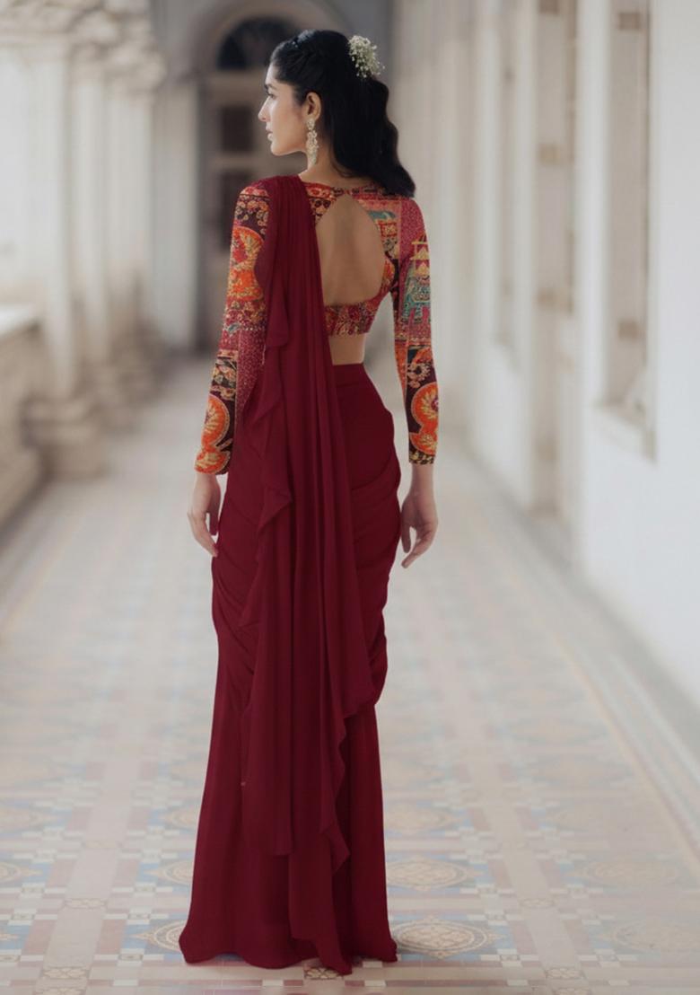 Wine Figure Print Crepe Pre Draped Saree Set - Indya