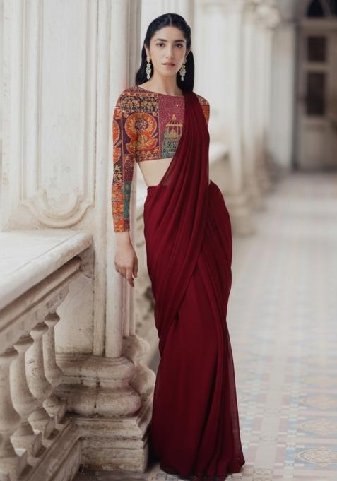 Wine Figure Print Crepe Pre Draped Saree Set