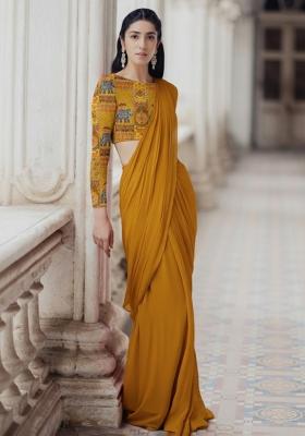 Mustard Yellow Figure Print Crepe Pre Draped Saree Set