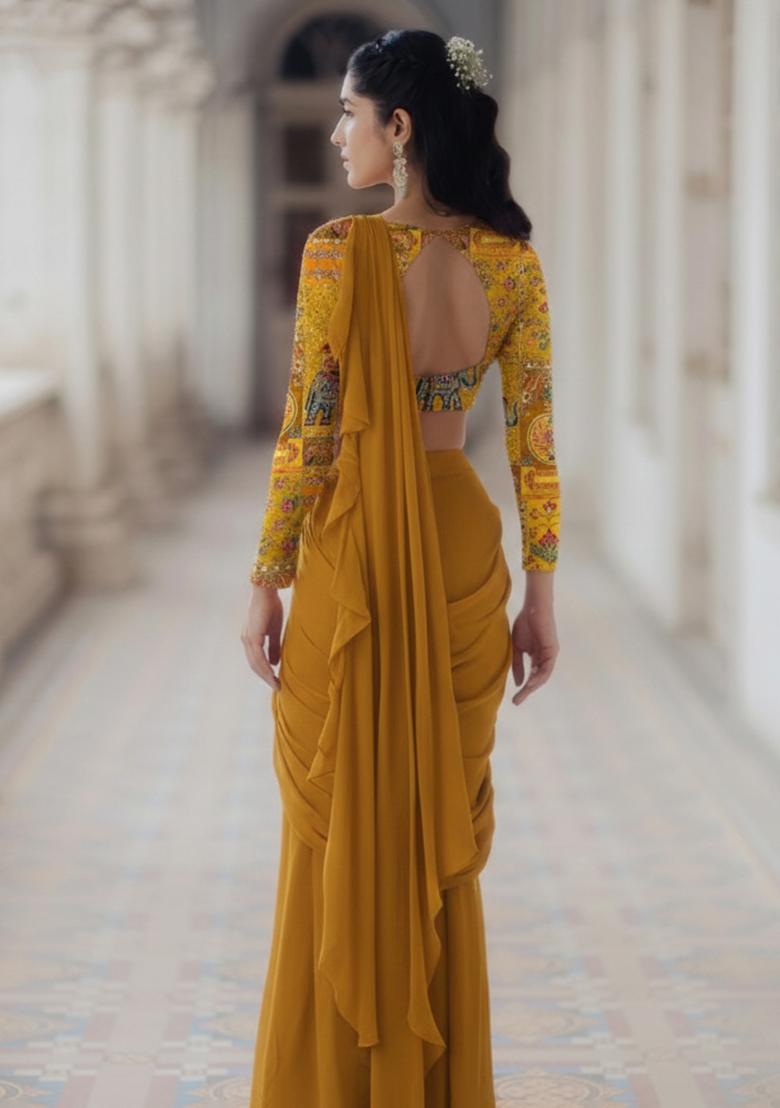 Mustard Yellow Figure Print Crepe Pre Draped Saree Set - Indya