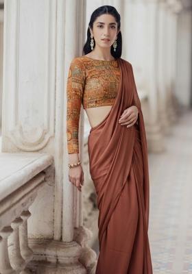 Rust Figure Print Crepe Pre Draped Saree Set