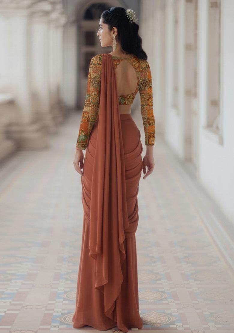 Rust Figure Print Crepe Pre Draped Saree Set - Indya