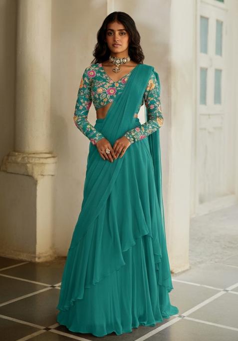 Emerald Green Floral Print Crepe Pre Draped Saree Set