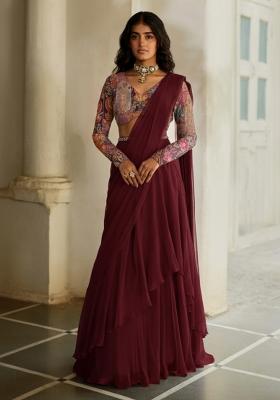 Wine Floral Print Crepe Pre Draped Saree Set