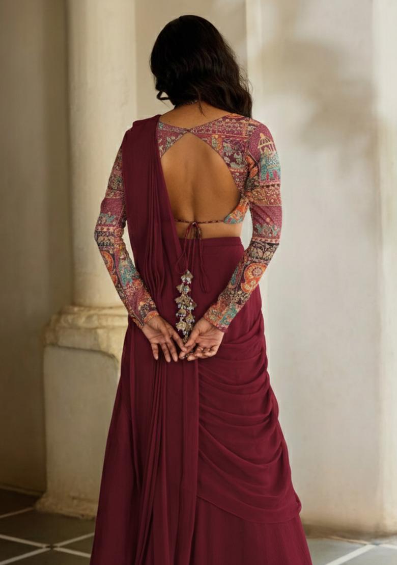 Wine Floral Print Crepe Pre Draped Saree Set - Indya