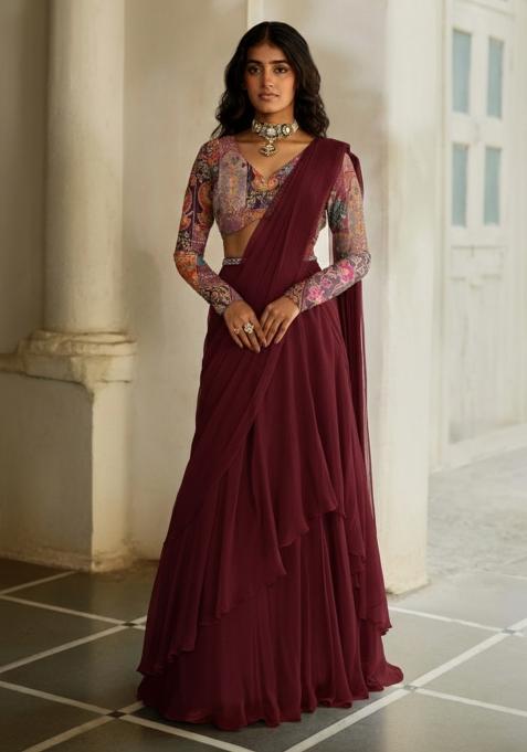 Wine Floral Print Crepe Pre Draped Saree Set