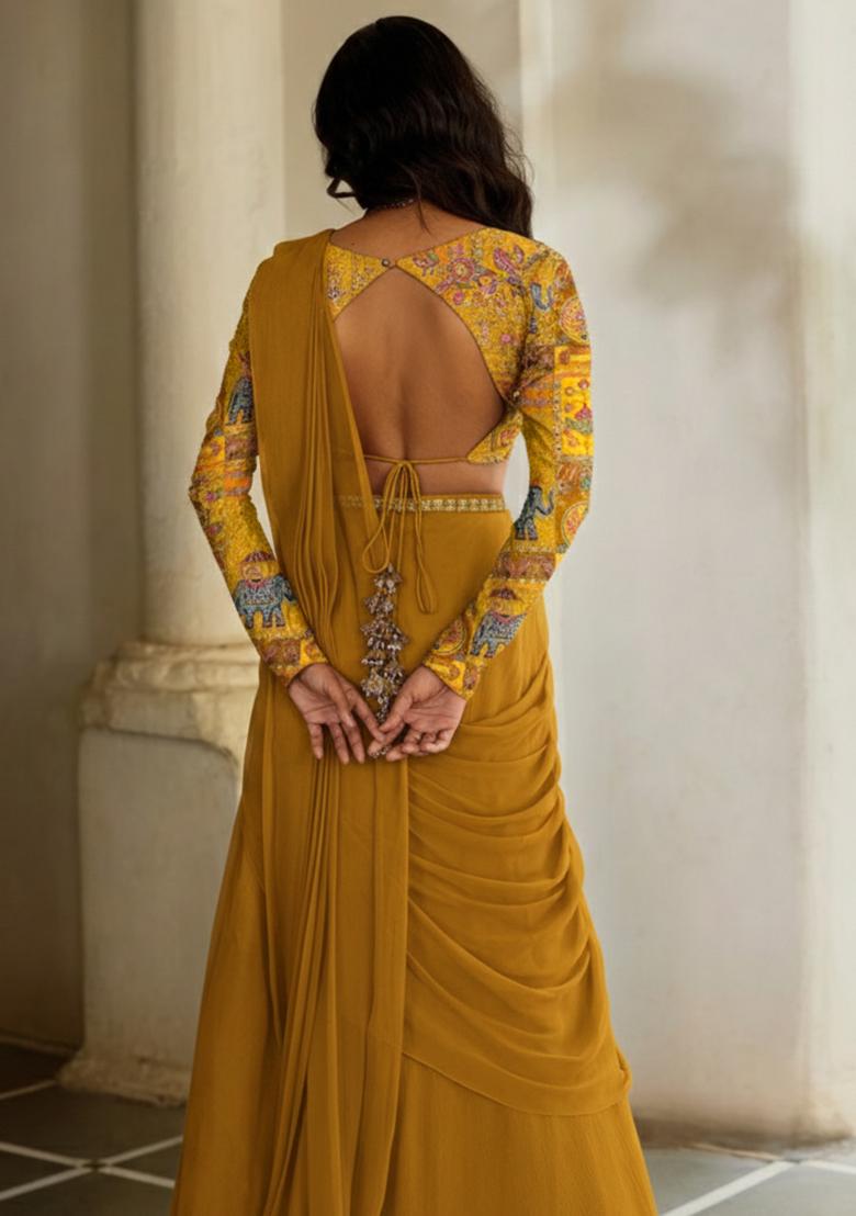 Mustard Yellow Floral Print Crepe Pre Draped Saree Set - Indya