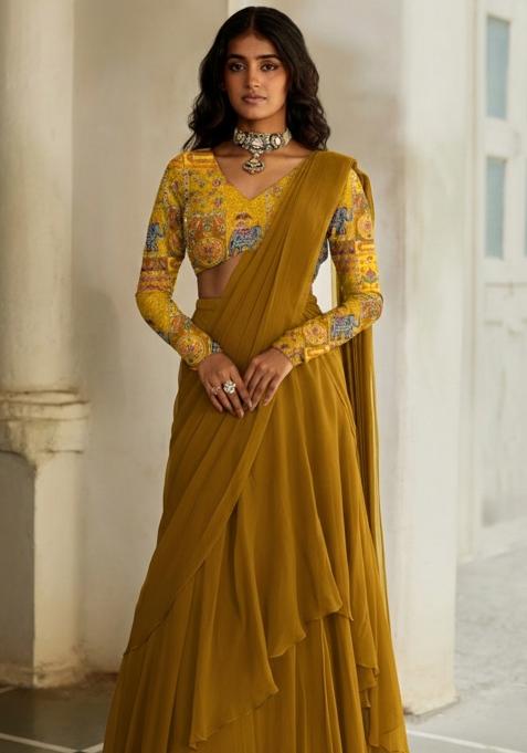 Mustard Yellow Floral Print Crepe Pre Draped Saree Set