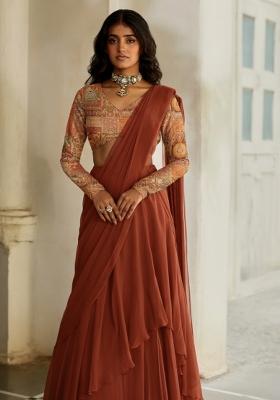 Brown Floral Print Crepe Pre Draped Saree Set