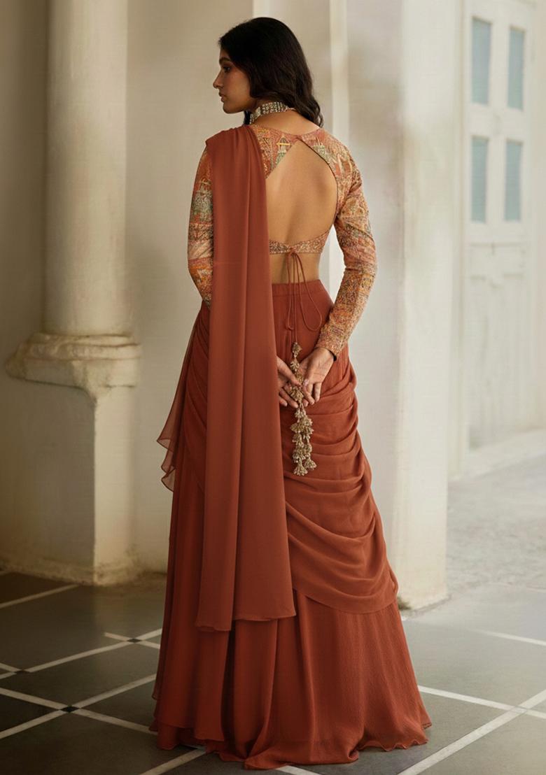 Brown Floral Print Crepe Pre Draped Saree Set - Indya