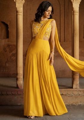 Mustard Yellow Embroidered Tissue Lehenga Set