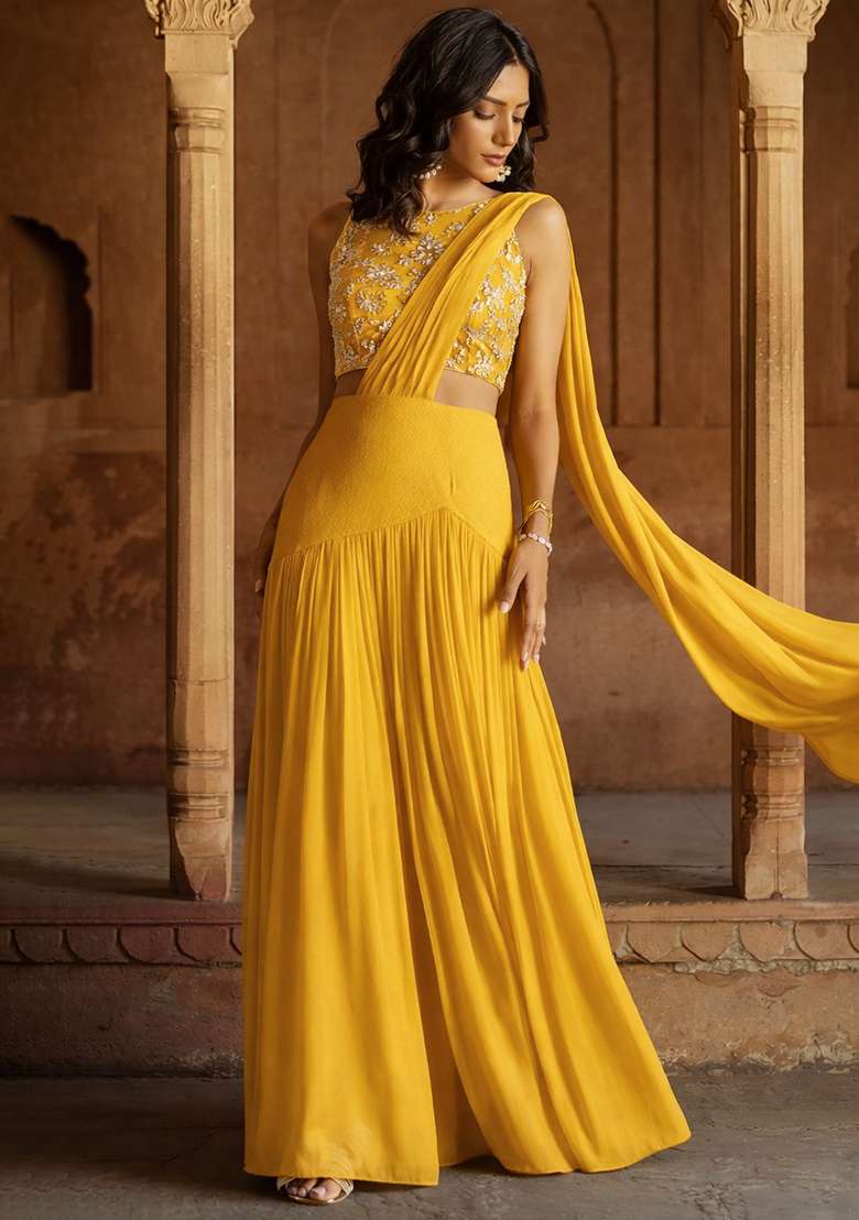 Mustard Yellow Embroidered Tissue Lehenga Set - Indya