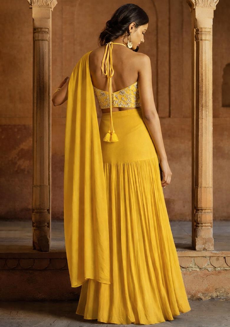 Mustard Yellow Embroidered Tissue Lehenga Set - Indya