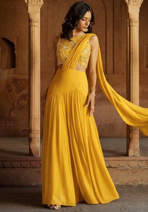 Mustard Yellow Embroidered Tissue Lehenga Set