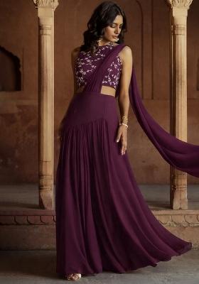 Purple Embroidered Crepe Lehenga Set