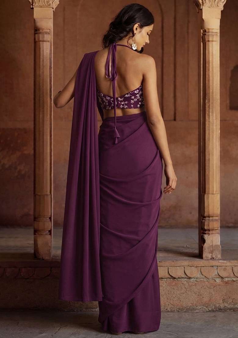 Purple Embroidered Crepe Lehenga Set - Indya