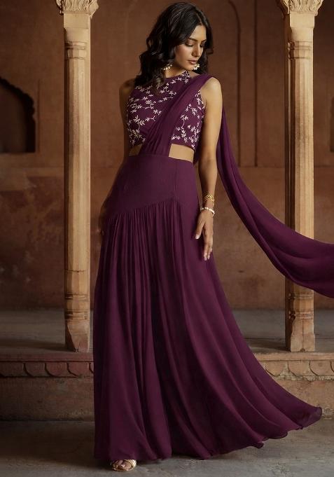 Purple Embroidered Crepe Lehenga Set