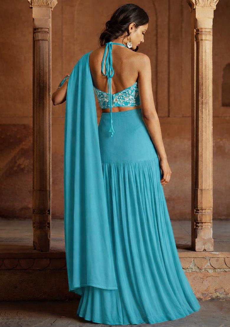 Blue Embroidered Tissue Lehenga Set - Indya