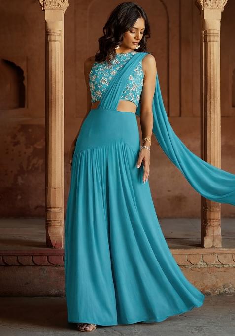 Blue Embroidered Tissue Lehenga Set — view on Indya