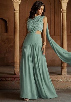 Sage Green Embroidered Chinon Lehenga Set