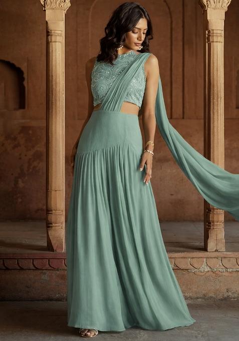 Sage Green Embroidered Chinon Lehenga Set