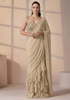 Beige Embroidered Tissue Pre Draped Saree Set