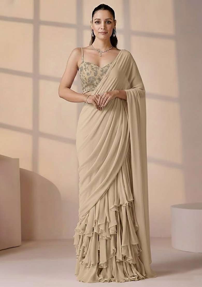 Beige Embroidered Tissue Pre Draped Saree Set - Indya