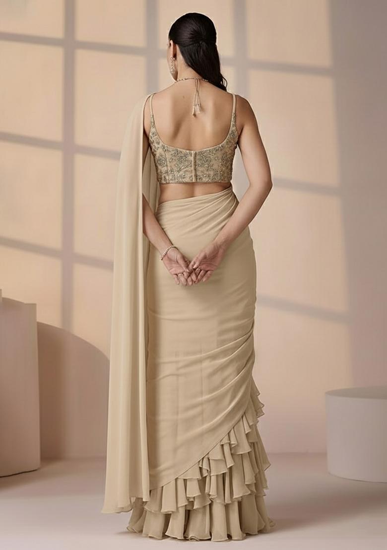 Beige Embroidered Tissue Pre Draped Saree Set - Indya