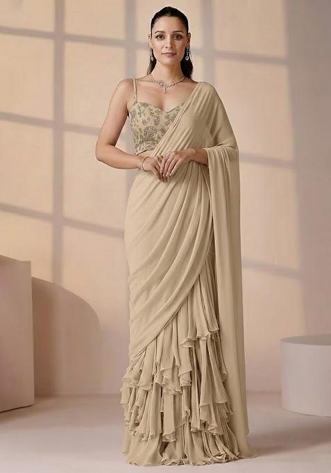 Beige Embroidered Tissue Pre Draped Saree Set