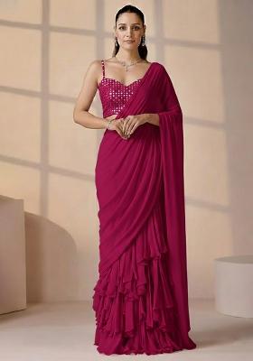 Pink Miror cutwork Net Pre Draped Saree Set