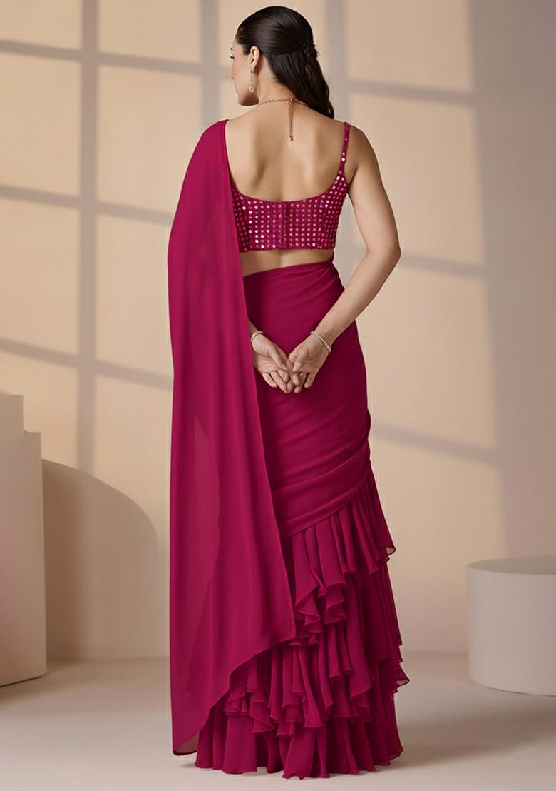 Pink Miror cutwork Net Pre Draped Saree Set - Indya