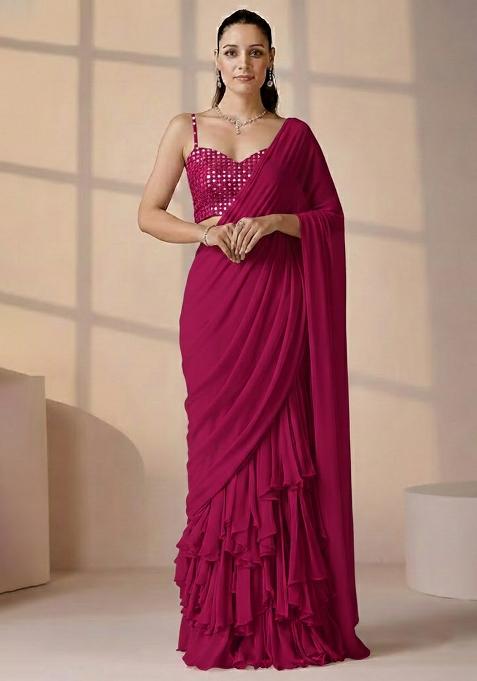 Pink Miror cutwork Net Pre Draped Saree Set