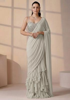 Off white Miror cutwork Net Pre Draped Saree Set