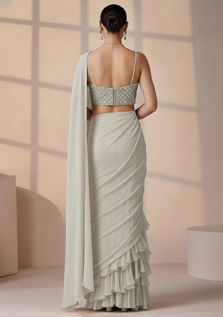 Off white Miror cutwork Net Pre Draped Saree Set - Indya