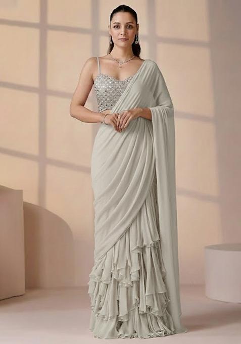 Off white Miror cutwork Net Pre Draped Saree Set