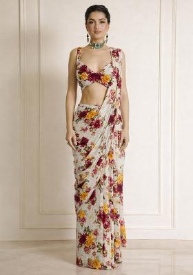 White Floral Print Chinon Pre Draped Saree Set