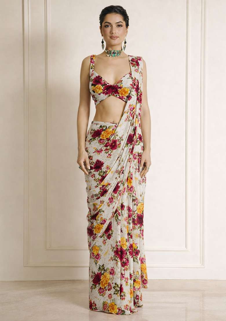 White Floral Print Chinon Pre Draped Saree Set - Indya