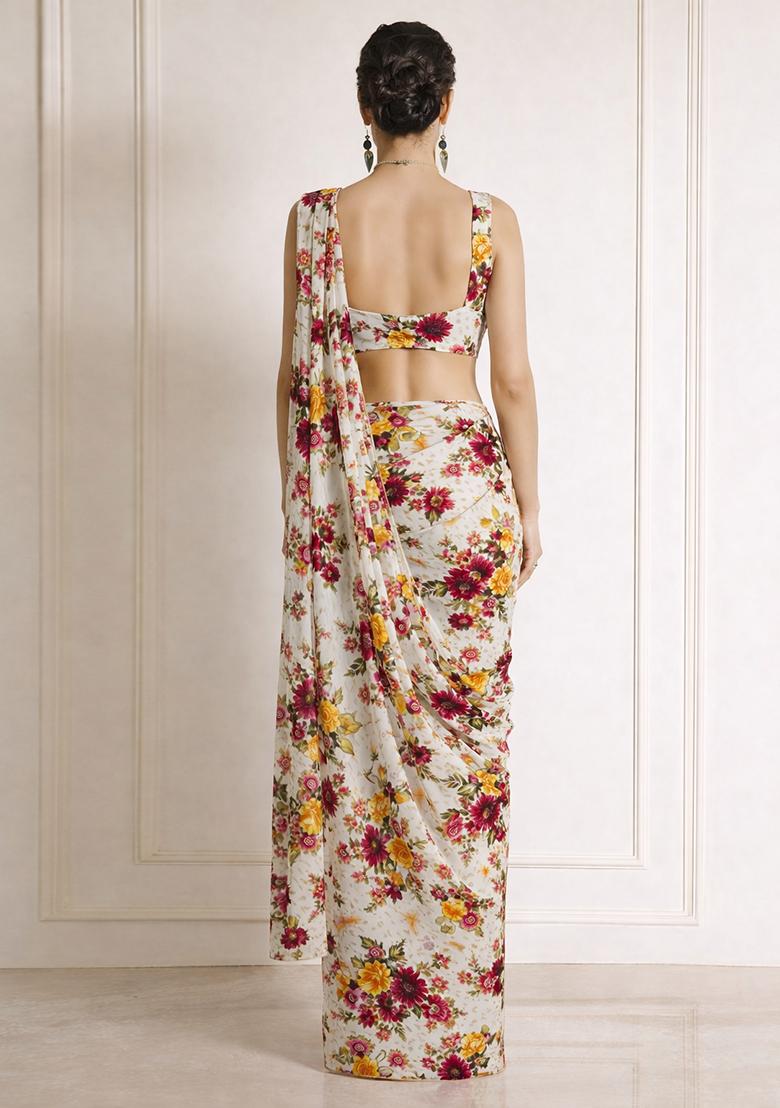 White Floral Print Chinon Pre Draped Saree Set - Indya