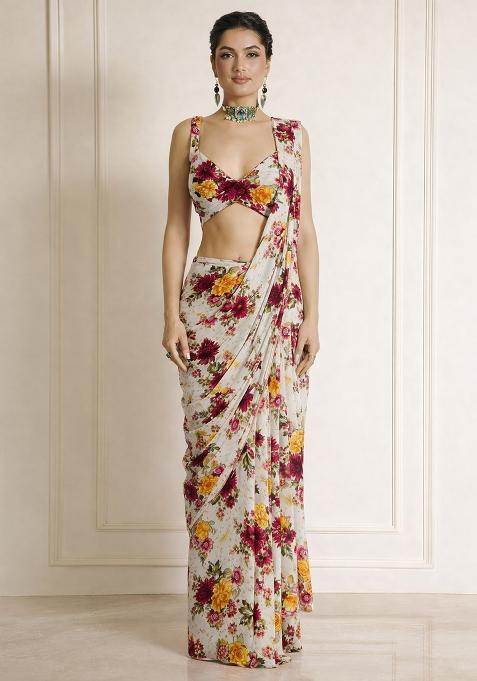 White Floral Print Chinon Pre Draped Saree Set