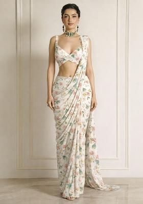 Off White Floral Print Chinon Pre Draped Saree Set