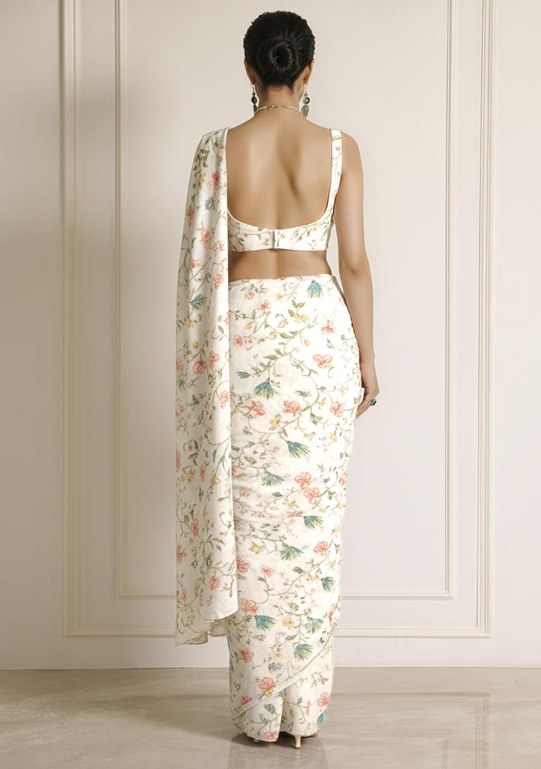 Off White Floral Print Chinon Pre Draped Saree Set - Indya