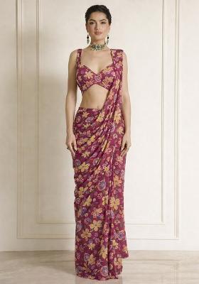 Rani Pink Floral Print Chinon Pre Draped Saree Set