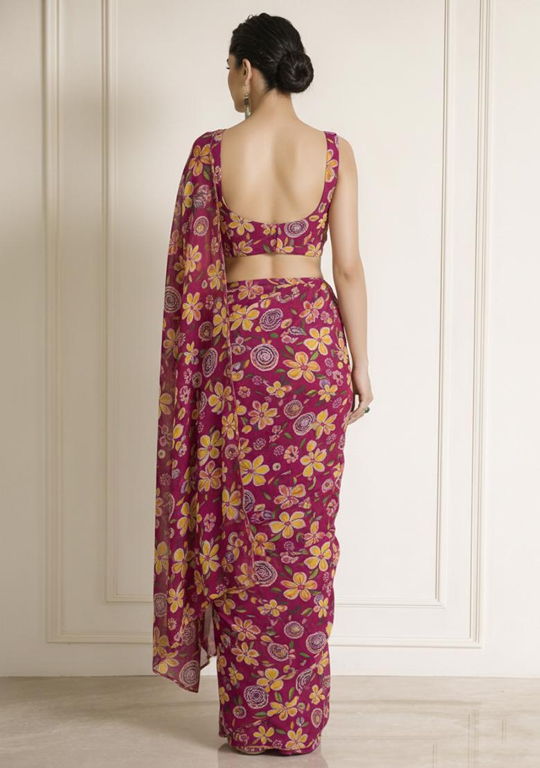Rani Pink Floral Print Chinon Pre Draped Saree Set - Indya