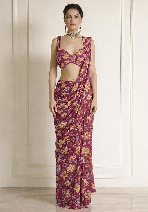 Rani Pink Floral Print Chinon Pre Draped Saree Set
