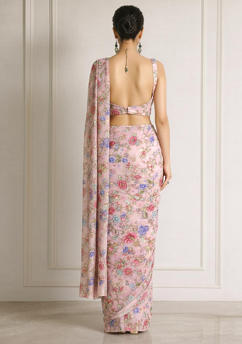 Pink Floral Print Crepe Pre Draped Saree Set - Indya