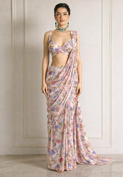 Pink Floral Print Crepe Pre Draped Saree Set