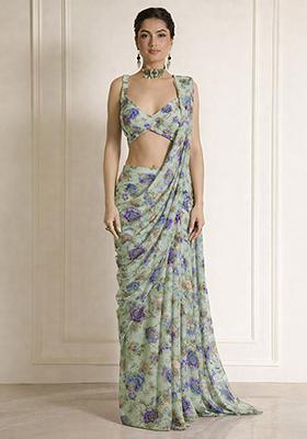Sage Green Floral Print Crepe Pre Draped Saree Set